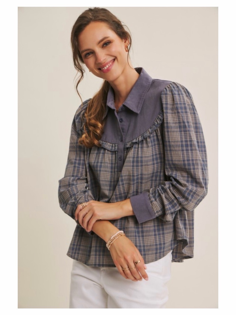 in february Moonlight Blue Plaid Mixed Media Ruffle Yoke Cotton Top Size M NWT